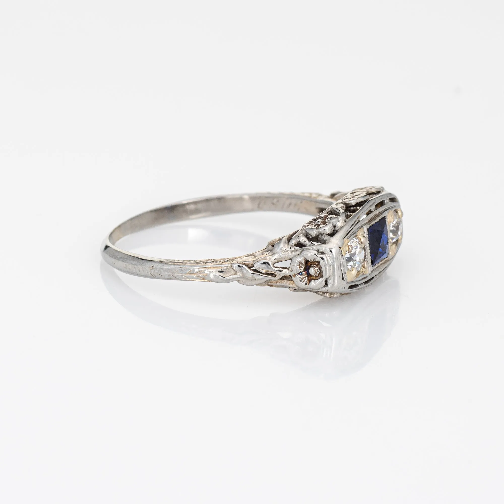 Vintage Art Deco Diamond Ring 18k White Gold French Cut Sapphire Fine Jewelry