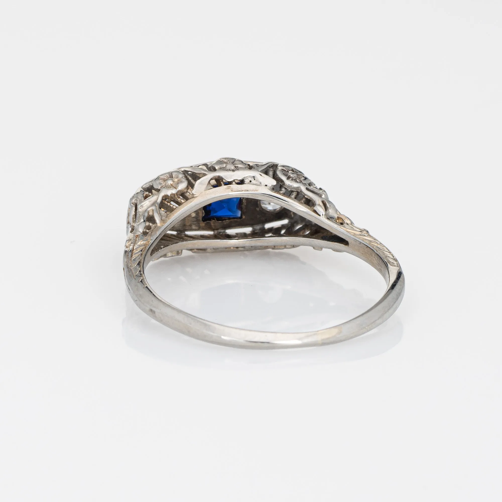 Vintage Art Deco Diamond Ring 18k White Gold French Cut Sapphire Fine Jewelry