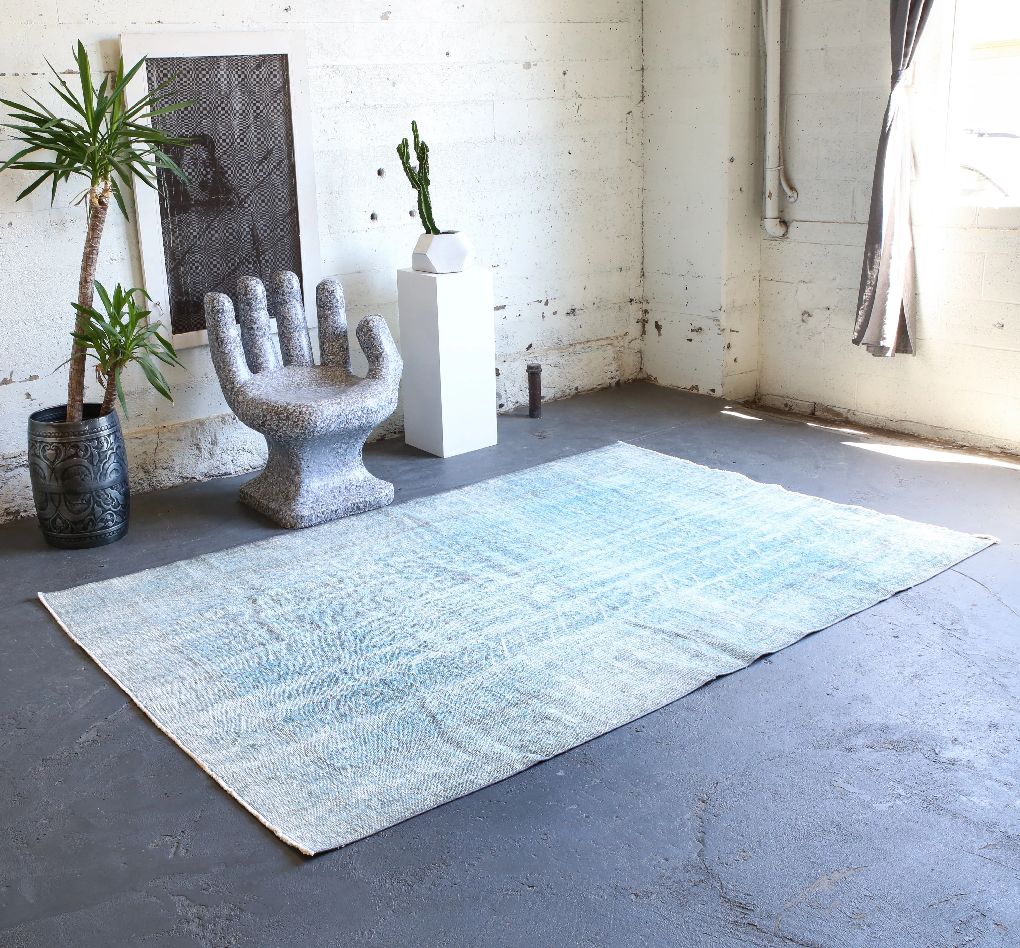 Vintage Overdyed Isparta Rug in Ice Blue 6ftx9ft
