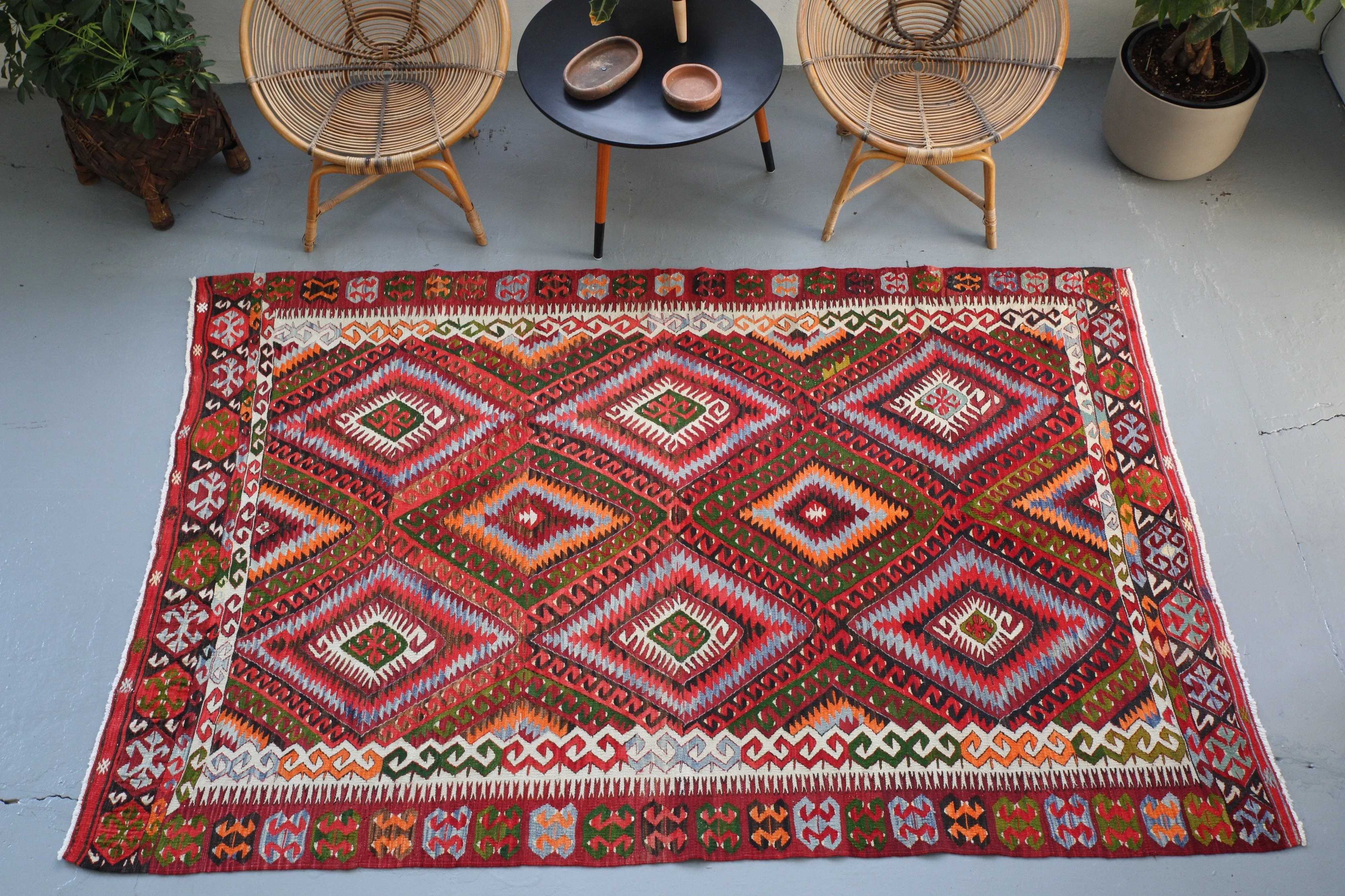 Vintage Turkish Fethiye Kilim Rug 5'8"x8'4"