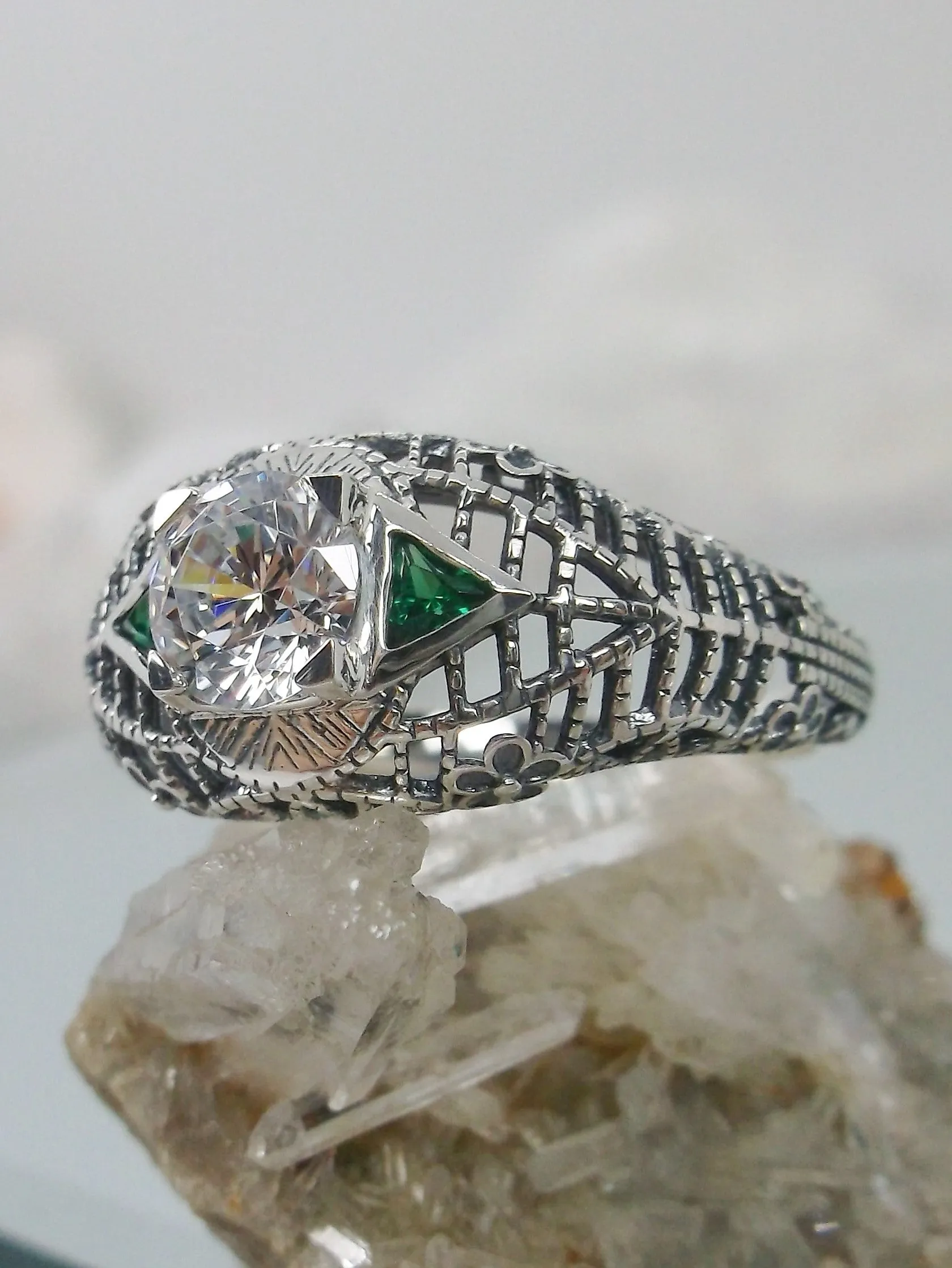 White CZ Ring, faux Diamond and Emerald Green Inlay Gems, Art Deco Jewelry #D235