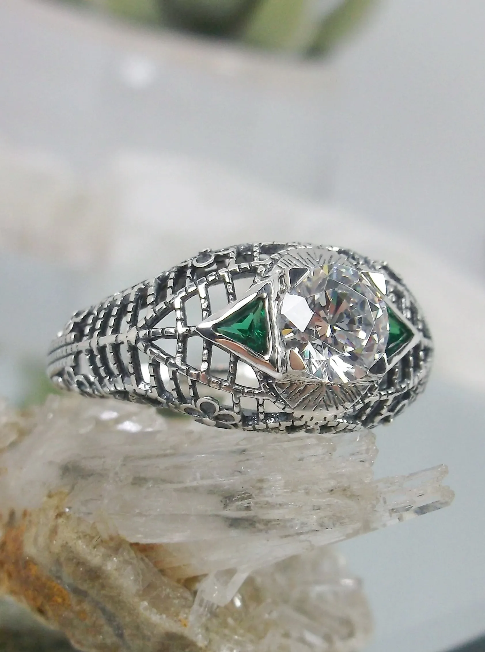 White CZ Ring, faux Diamond and Emerald Green Inlay Gems, Art Deco Jewelry #D235