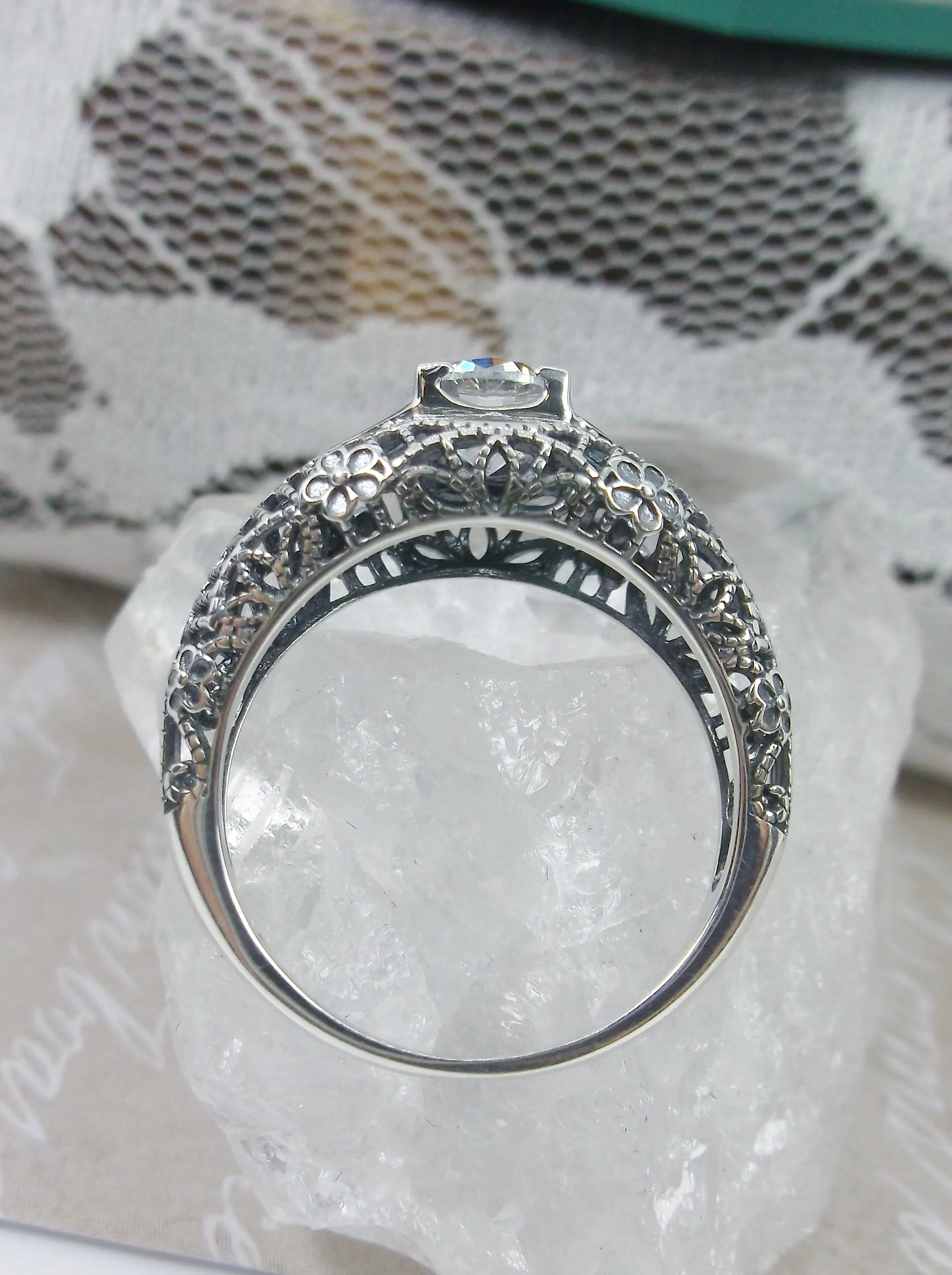 White CZ Ring, faux Diamond and Emerald Green Inlay Gems, Art Deco Jewelry #D235