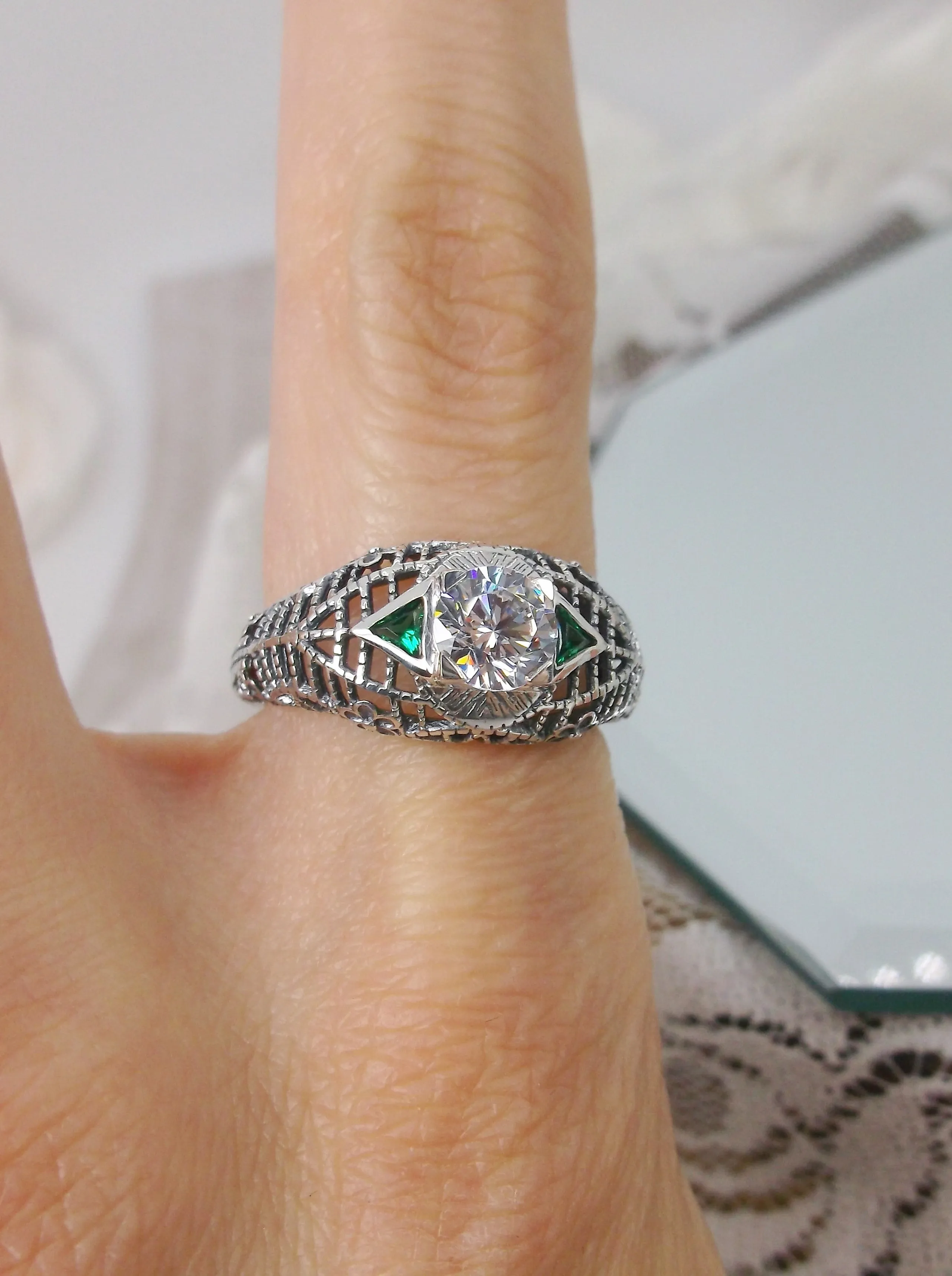 White CZ Ring, faux Diamond and Emerald Green Inlay Gems, Art Deco Jewelry #D235