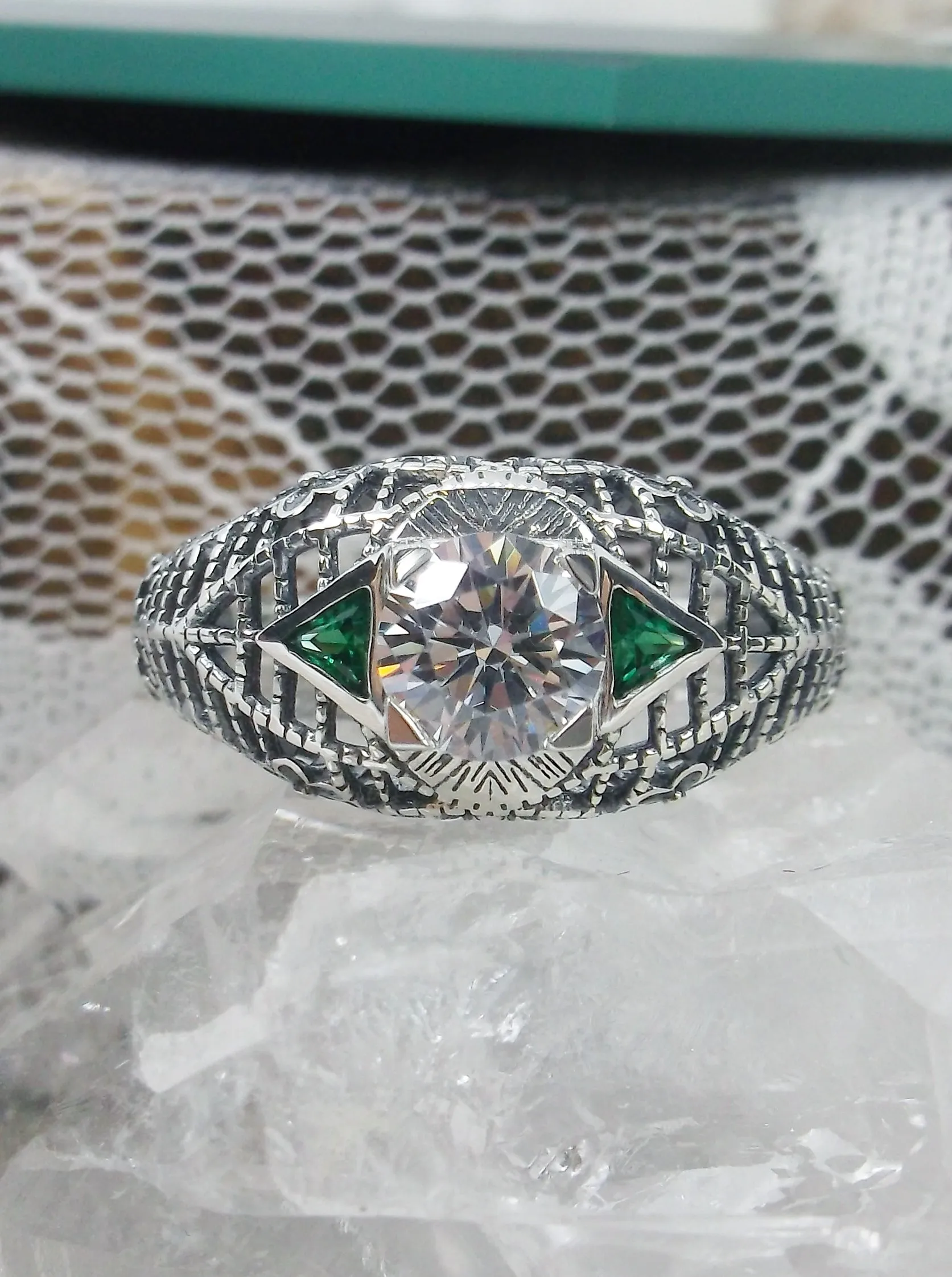 White CZ Ring, faux Diamond and Emerald Green Inlay Gems, Art Deco Jewelry #D235