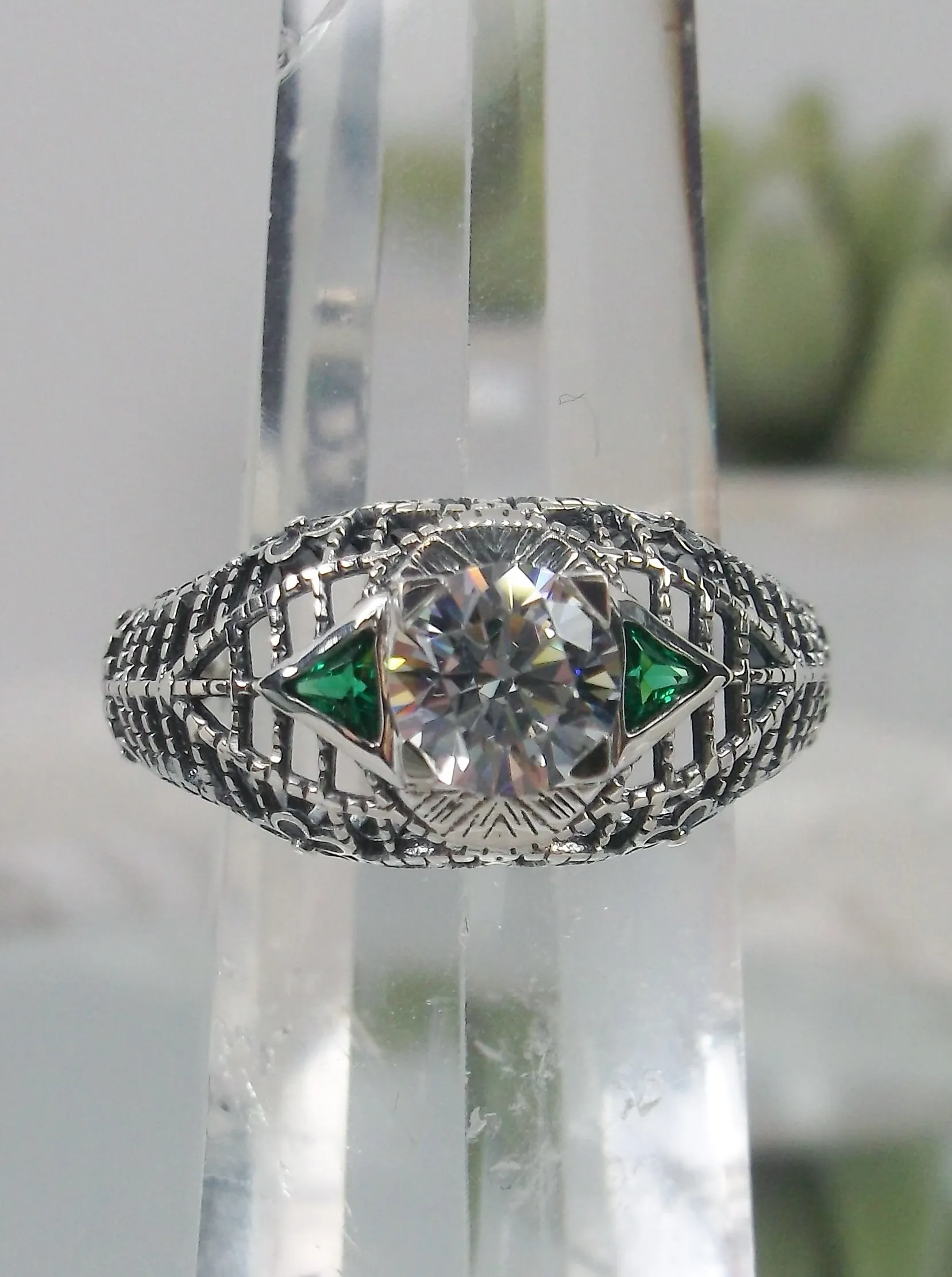 White CZ Ring, faux Diamond and Emerald Green Inlay Gems, Art Deco Jewelry #D235