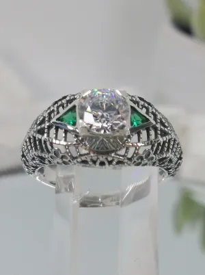 White CZ Ring, faux Diamond and Emerald Green Inlay Gems, Art Deco Jewelry #D235