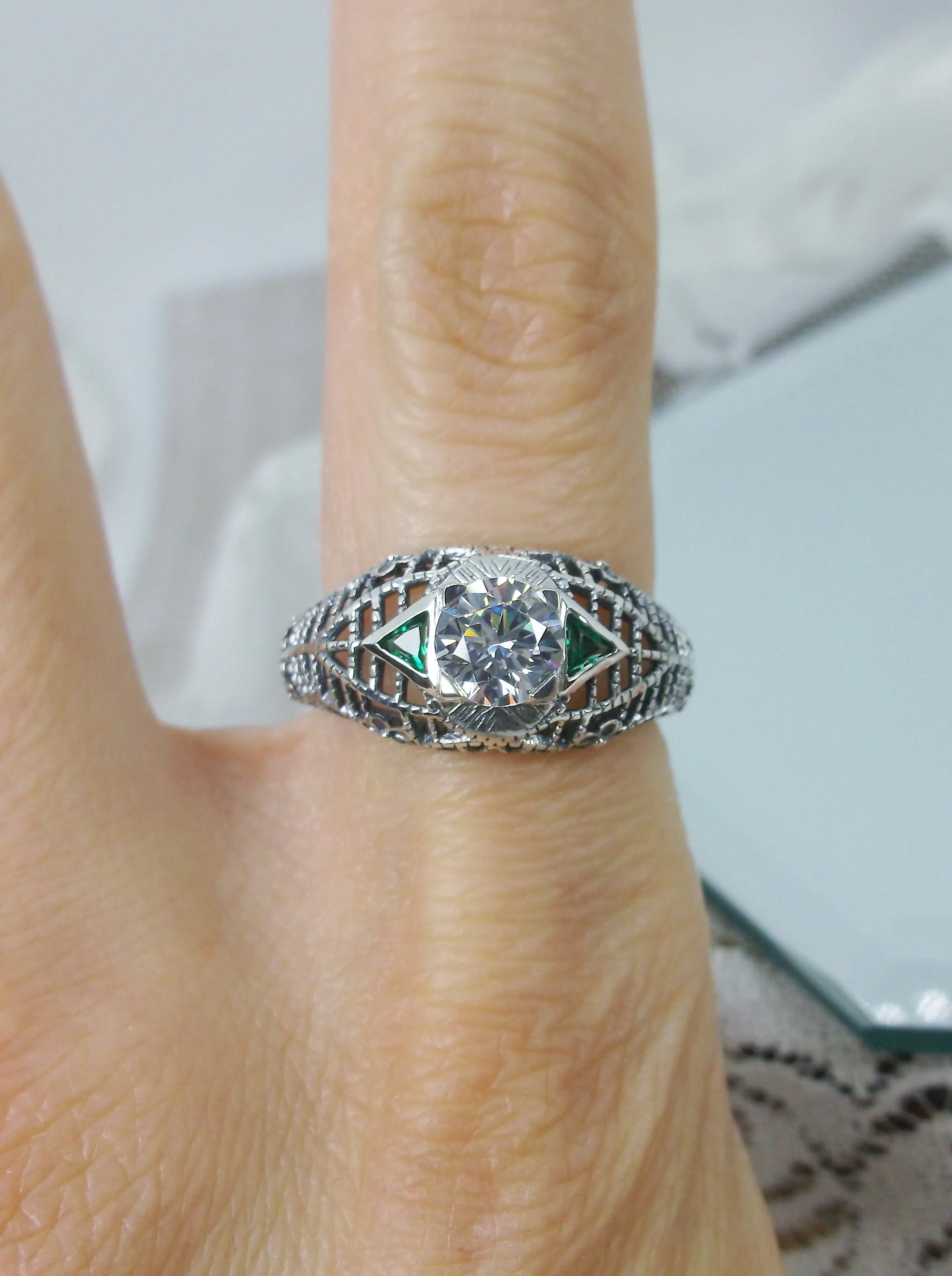 White CZ Ring, faux Diamond and Emerald Green Inlay Gems, Art Deco Jewelry #D235