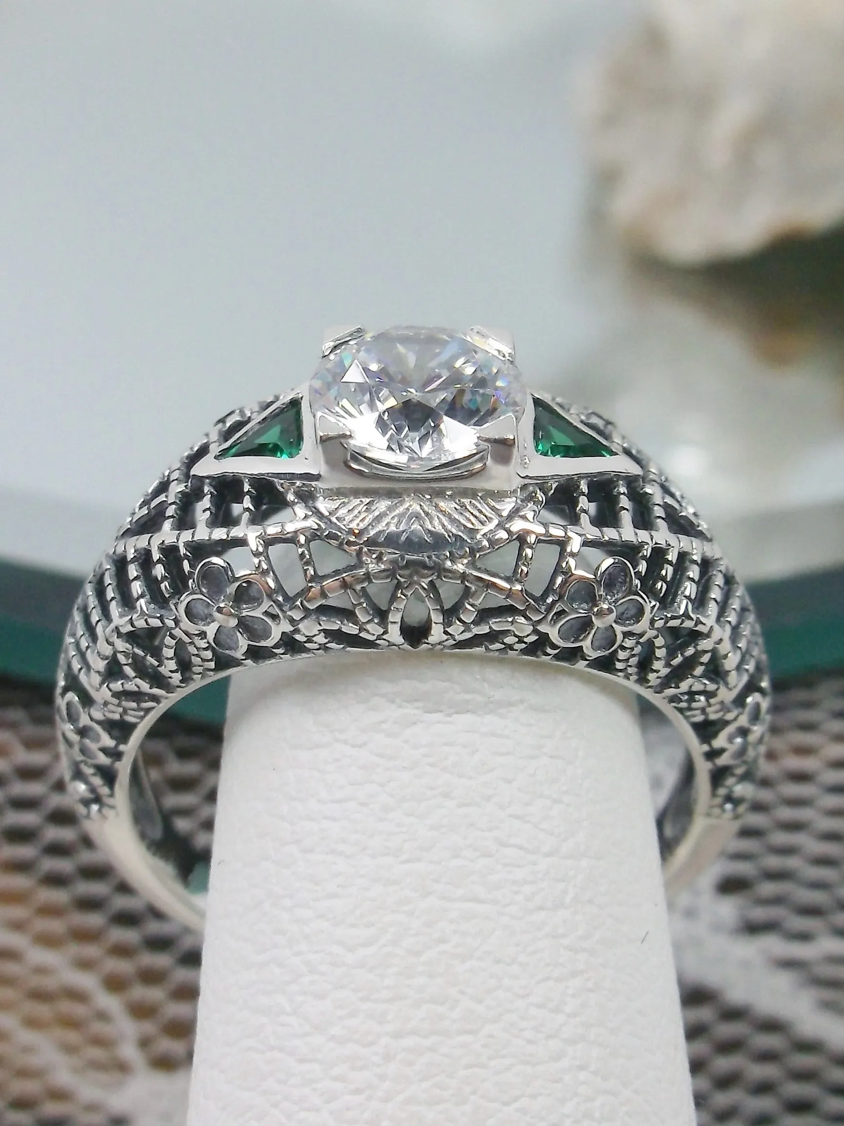 White CZ Ring, faux Diamond and Emerald Green Inlay Gems, Art Deco Jewelry #D235