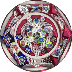 William Bill Burchfield Cape Cod Glassworks Millefiori & Filigree Heart on Opaque Red Ground