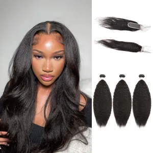 Yaki Straight 3 Bundles With 2x6 Lace Closure Brazilian Virgin Hair