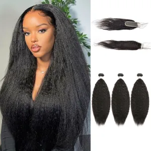 Yaki Straight 3 Bundles With 2x6 Lace Closure Indian Virgin Human Hair