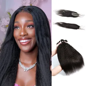 Yaki Straight 4 Bundles With 2x6 Lace Closure Peruvian Virgin Human Hair