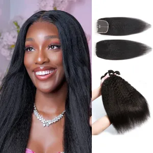Yaki Straight 4 Bundles With 5x5 Lace Closure 100% Unprocessed Virgin Human Hair